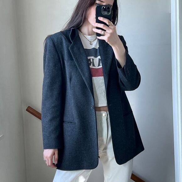 Vintage gray wool cashmere blend‎ blazer jacket coat career office grey women's - Picture 1 of 7